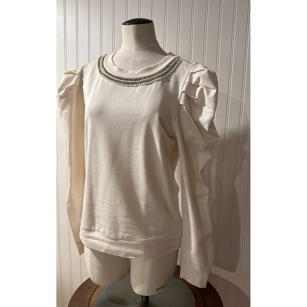 Ann‎ Taylor Cream Embellished Rhinestone Neckline Puff Sleeve Sweatshirt